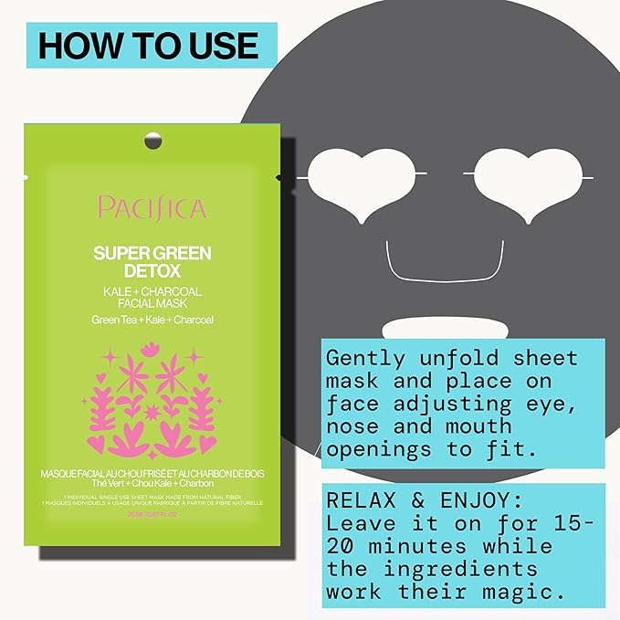 Pacifica Super Green Detox Sheet Mask – 12-PACK Charcoal, Kale & Clay Pore Cleansing Mask for Oily, Blemish-Prone Skin, Deep Detox Facial Mask, Vegan