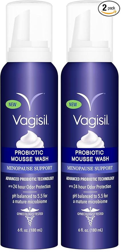 Vagisil Menopause Support Probiotic Mousse Wash, pH Balanced for Mature Microbiome, 24 Hour Freshness, Light Botanical Scent, Gentle Formula For Mature Skin, Sulfate-Free, 6 oz,(Pack of 2)