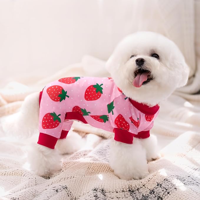 XPUDAC 2 Pack Dog Pajamas for Small Breeds, Soft Warm Dog Pjs Onesie 4-Way Stretch Pet Outfit Lightweight Pet Clothes Boy Girl Duck Strawberry Print, S