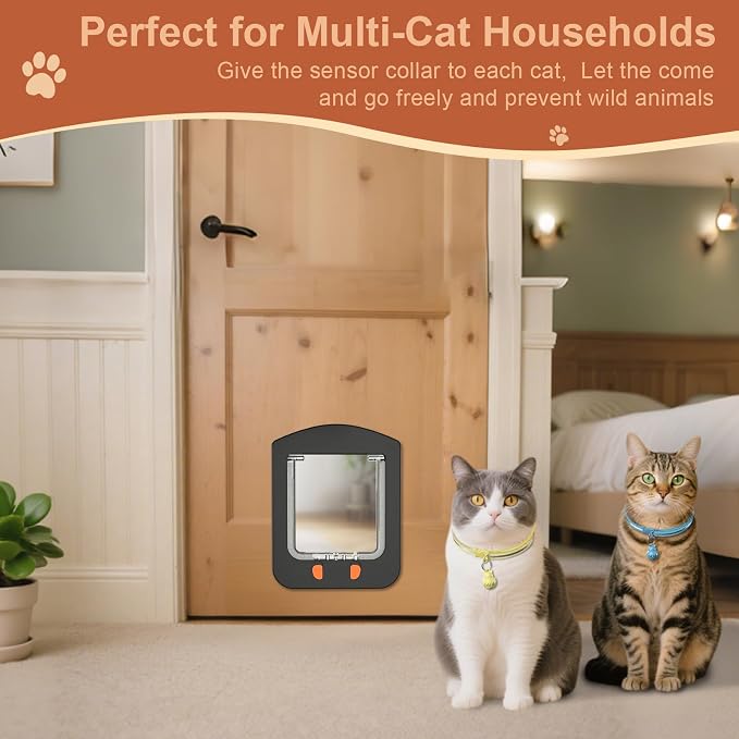 Smart Cat Door with Collar Sensor 2pcs 4 Way Locking Black | Pet Door for Interior Door and Exterior Door Cat Door with Magnetic Flap
