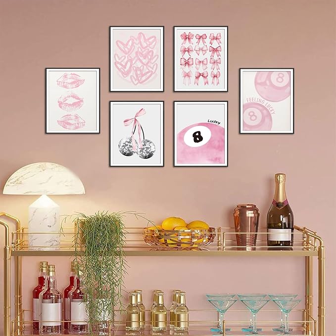 Cute Pink Girl Poster Set of 6, Light Pink Coquette Wall Art Trendy Lucky 8 Ball Wall Decor Paintings Pastel College Apartment Bedroom Living Room Dorm 12x16 inch Unframed