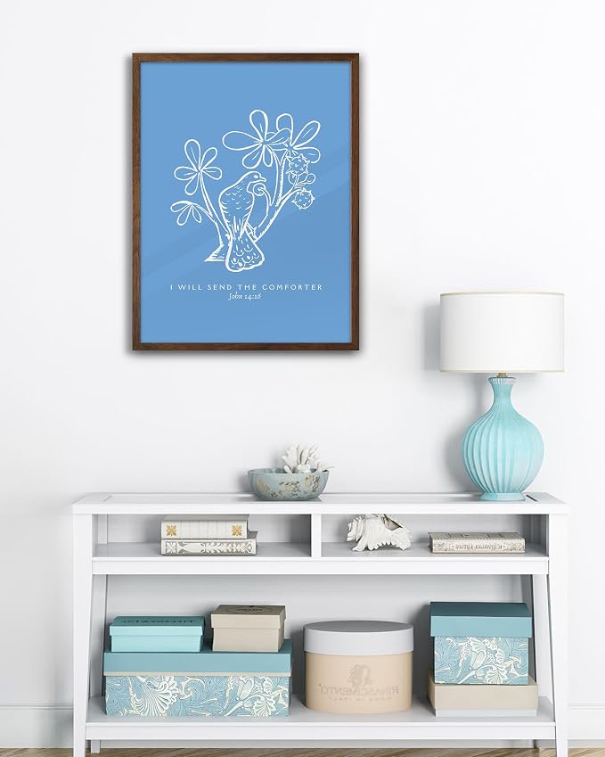 EcoHest 12x16 in John 14:16 I Will Send The Comforter Christian Wall Art | Walnut Color Solid Oak Frame， Canvas Wall Art, Bible Verse Holy Spirit Floral Decor for Bedroom, Living Room, Office, 1Pack