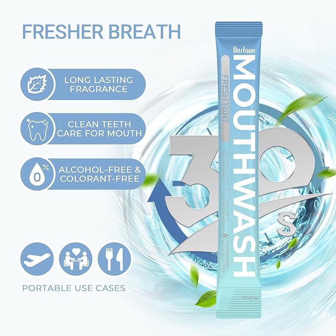 Oustane Travel Size Fresh Mint Mouthwash, Alcohol-Free, 15ml Portable Packets, Long-Lasting Freshness (30)