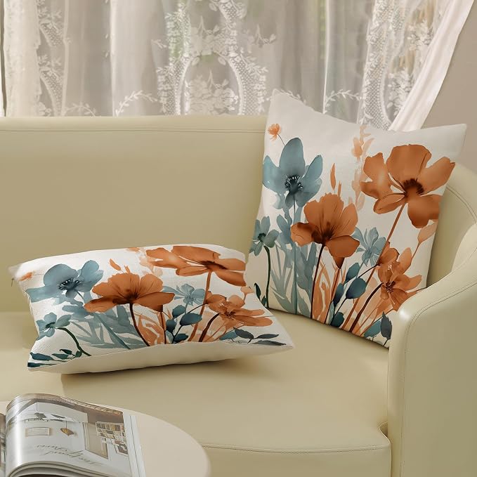 Floral Pillow Covers 18x18 Inches Set of 2 Blue Orange Floral Throw Pillow Cover Outdoor Decor Rustic Orange Flower Decoration Pillowcase Farmhouse Decorative Linen Cushion Cover For Sofa Couch