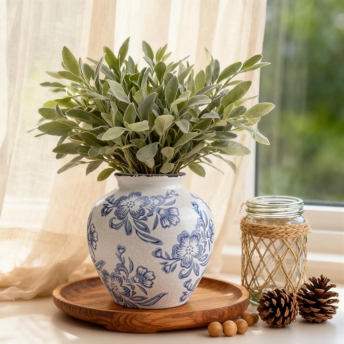Ceramic Flower Vase Home Decor, 6.2 inch Farmhouse Rustic Vintage Decorative Vases, Pottery Terracotta Boho Flowers Vases for Dining Table, Living Room, Shelf, Kitchen, Bedroom (6.2"-Blue and White)