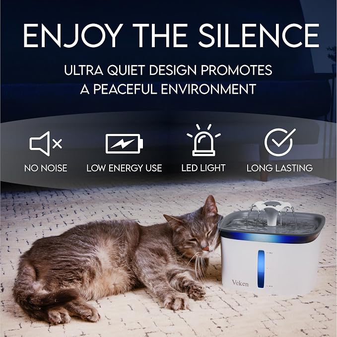 Veken Innovation Award Winner 95oz/2.8L Cat Water Fountain | Automatic Pet Fountain Dog Water Dispenser with Replacement Filters & Silicone Mat, Gift for Cats, Dogs (Grey, Plastic)
