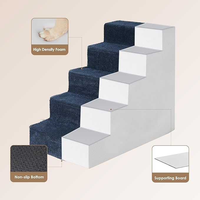 EHEYCIGA Dog Stairs for High Bed 22.5" H, 5-Step Dog Steps, Navy | Pet Steps for Small Dogs and Cats for Bed, Non-Slip Balanced Pet Ramp Indoor