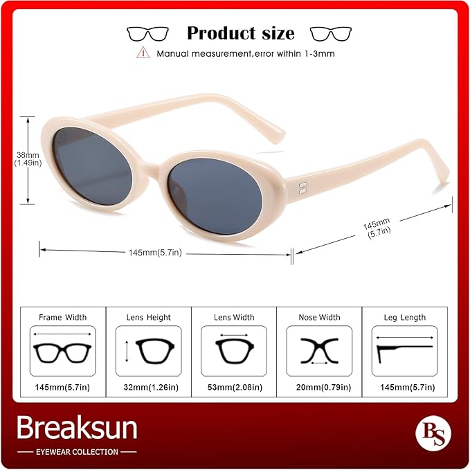Breaksun Retro Oval Sunglasses for Women Men Fashion Small Oval Sunglasses 90s Vintage Shades
