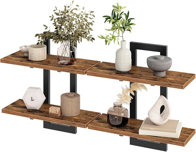HOOBRO Floating Shelves for Wall, 15" Wall Shelf Set of 2, Wall Mounted Storage Shelves 2-Tier, Hanging Bathroom Shelves, for Living Room, Bedroom, Bathroom, Kitchen, Rustic Brown and Black BF32BJ01G1