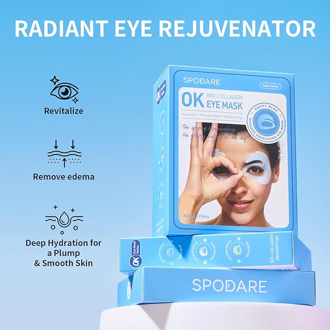 Bio-Collagen OK Eye Mask, Firming & Hydrating Under Eye Patches for Puffy Eyes and Dark Circles, Deep Moisturizing & Soothing Eye Mask for Women and Men - 6 Pairs, Happy Blue