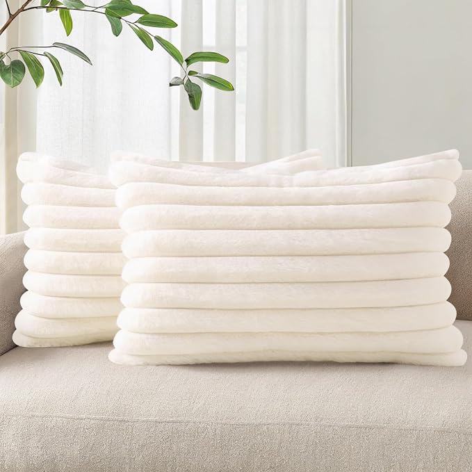 Pallene Faux Fur Decorative Throw Pillow Covers 12x20 Set of 2, Cream White | Luxury Plush Texture, Striped Design, Cozy Soft Touch, Modern Home Accent Decor for Couch, Sofa, Bed, Living Room