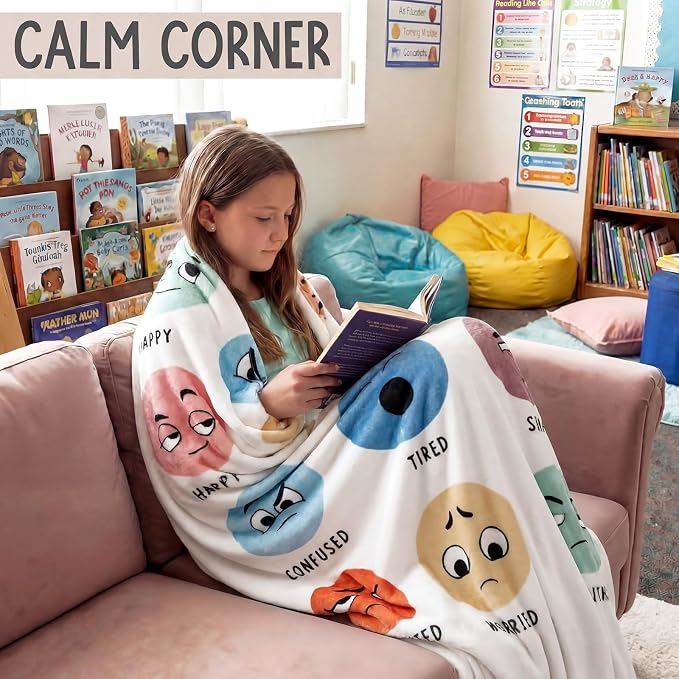 Back to School 50'' x 60'' Calming Corner Throw Blanket Classroom | Feeling Emotion Sensory Reading Corner Supplies Blanket Reading Decor for School Calming Playroom Bedroom Library