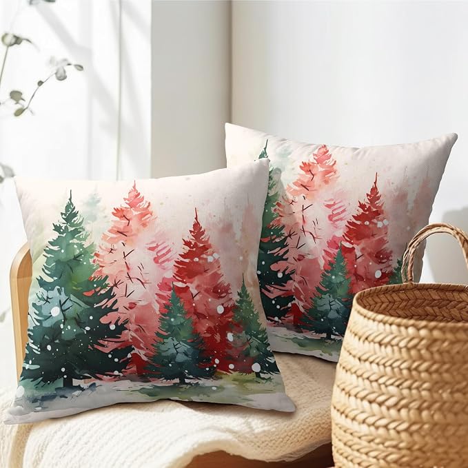 Kawani Christmas Trees Pillow Covers 20x20 inch Set of 2,Green Red Tree Forest Cotton Linen Throw Pillows Cases Winter Holiday Famliy Party Decoration for Home Living Room Couch Sofa Bed