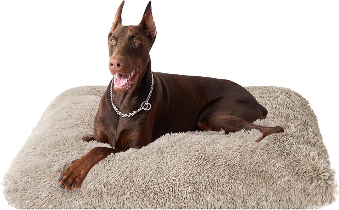 EHEYCIGA Fluffy Dog Crate Bed, Plush XX Large Dog Pillow, Taupe | Xlarge Calming Anti Anxiety Plush Faux Fur Mat for Large size dogs, Washable Soft Warm Dog Pad with Non-Slip Bottom