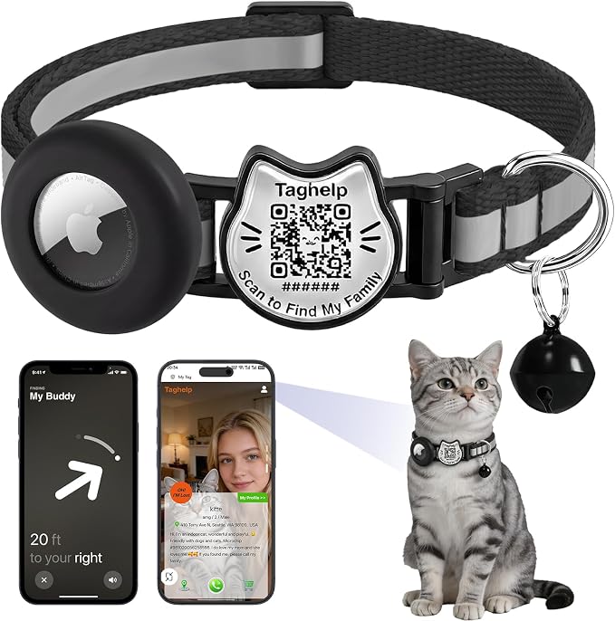 Cat Collar with AirTag Holder, QR Code Tag and Bell (Black)