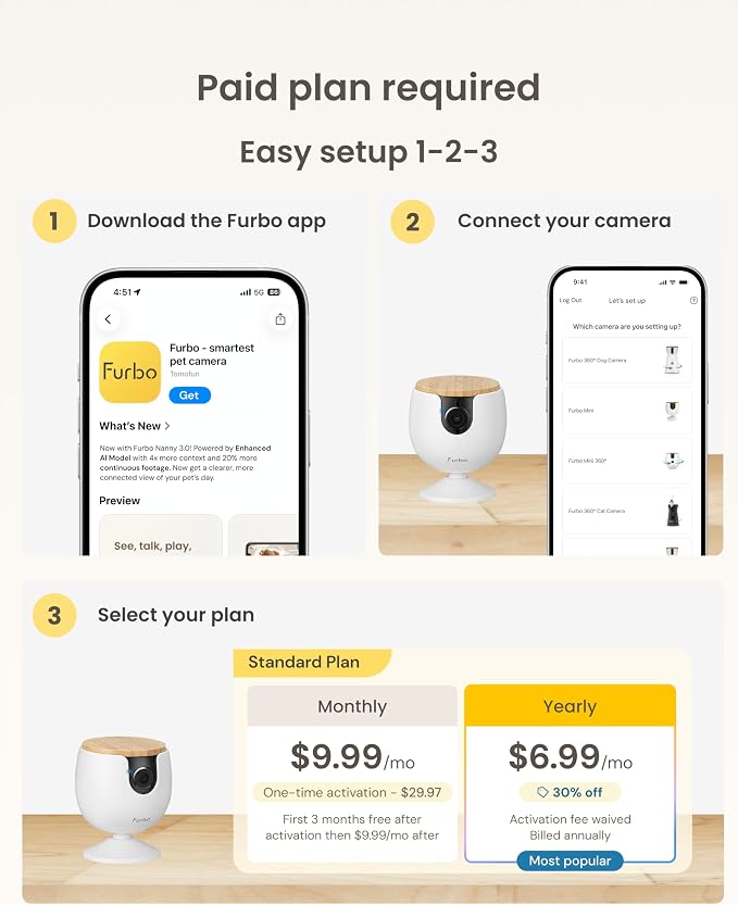 Furbo Mini Pet Camera: Home Security & Smart Alerts, Subscription Required | Stay connected with AI Pet & Home Safety Alerts, Mountable 130° Wide View, Video History, 2-Way Audio, Paid Plan Required