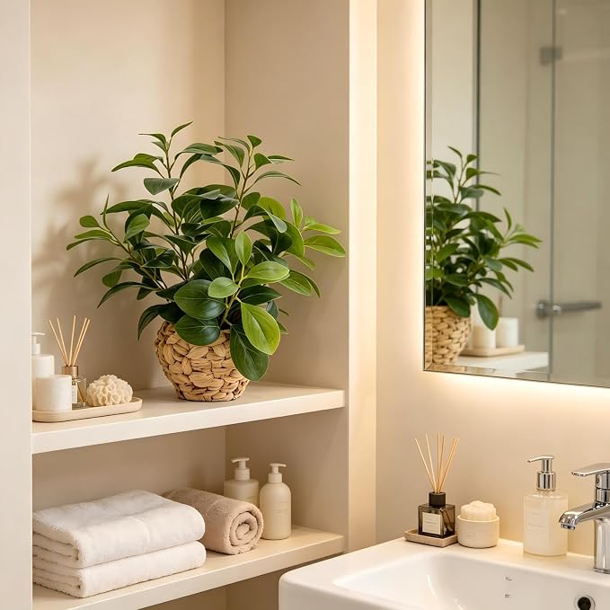 AlphaAcc Fake Faux Potted Plant 15.7" Ficus Water Hyacinth Boho Decor | Artificial plants fig leaf greenery natural hyacinth basket ideal boho office desk shelf home decor