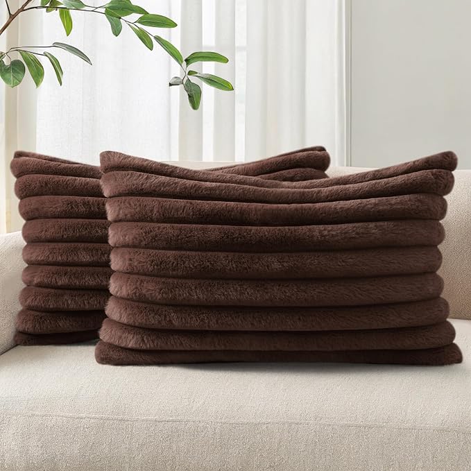 Pallene Faux Fur Decorative Throw Pillow Covers 12x20 Set of 2, Chocolate | Luxury Plush Texture, Striped Design, Cozy Soft Touch, Modern Home Accent Decor for Couch, Sofa, Bed, Living Room