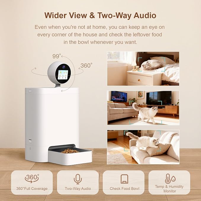 AI Smart Automatic Cat Feeder with 360° Camera, 2K HD Night Vision & 2-Way Audio, Smart APP Control, Up to 16 Meals/Day, 5.5L Timed Food Dispenser for Cats and Dogs