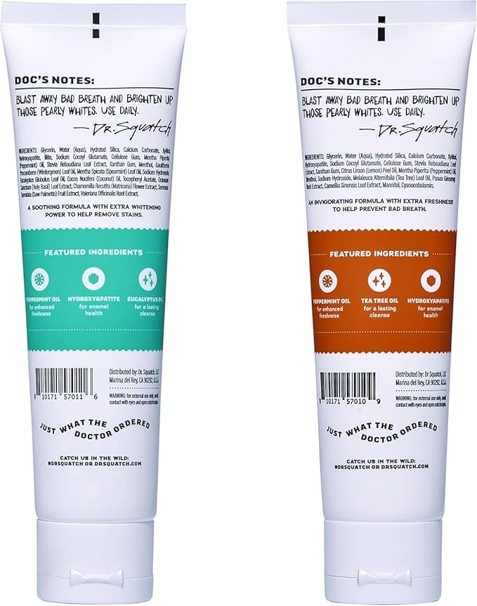 Dr. Squatch Hydroxyapatite Toothpaste Whitening - Natural, Fluoride-Free Toothpaste - Enamel Support - Day & Night Set - Citrus Mint & Spearmint, (4.7 oz, 2-Pack)