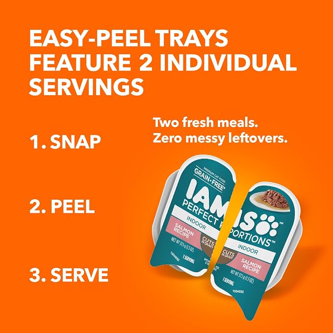 IAMS Perfect Portions Indoor Cuts in Gravy Wet Cat Food, Salmon, 24 Count | Made in USA, Snap, peel & serve, Vitamin E, prebiotic for digestion, no artificial flavors, 2.6 oz. twin-pack trays