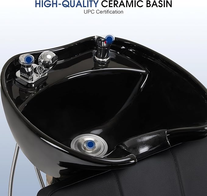 BarberPub Backwash Shampoo Station Chair, Adjustable Porcelain Ceramic Hair Wash Bowl, Vacuum Breaker, Professional Shampoo Chair and Bowl Unit for Salon and Spa 9309 (Black)