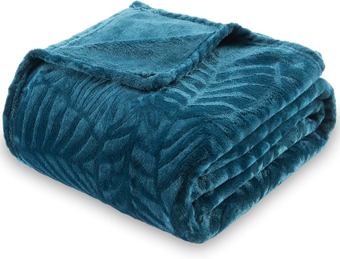 Super Soft Flannel Fleece Throw Blanket, 50 x 60 Inches, Blue Coral | Lightweight Cozy Warm Leaves Textured Plush Blanket for Bed Couch Sofa