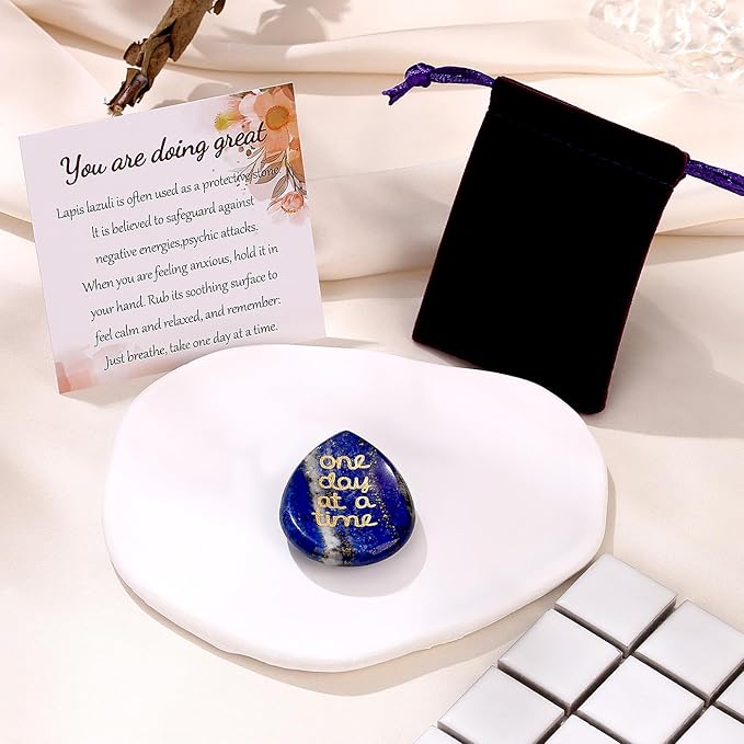 One Day at A Time Lapis Lazuli Thumb Worry Stone for Anxiety Crystals Hand Thumb Stones Pocket Thinking of You Gifts for women Inspirational Worry Stones for Stress Relief Sobriety Gifts for Her