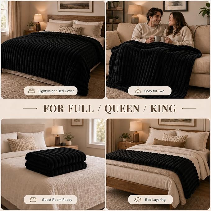HIMEET Black King Size Blanket for Bed, 300GSM Ribbed Fleece, 108 x 90 in | Ultra Soft Flannel, All-Season Lightweight Warmth, Generous Bed Coverage & Home Decor, Gift for Men & Women, Machine Washable