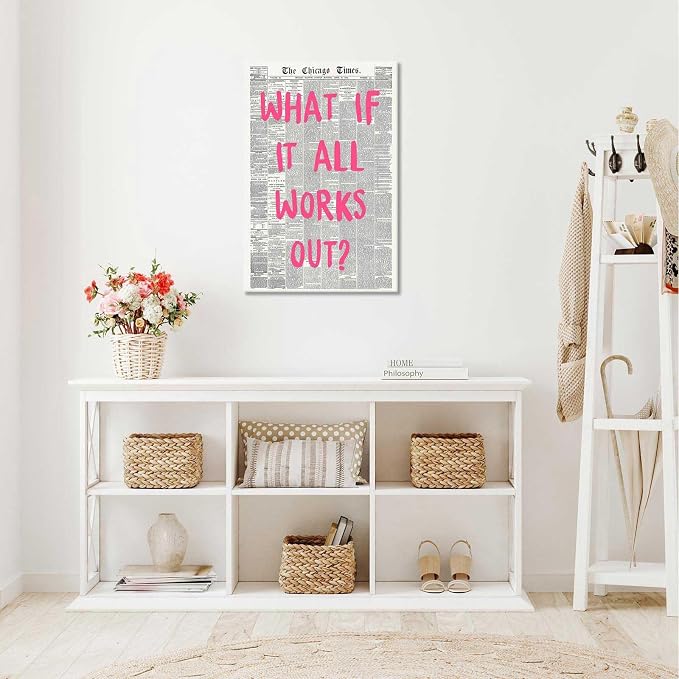 Drimiler What If It All Works Out Poster Retro Newspaper Pink Font Canvas Wall Art Positive Affirming Quote Minimalist Prints Painting For Home Bedroom Dorm Wall Decor 8x12in Wframed