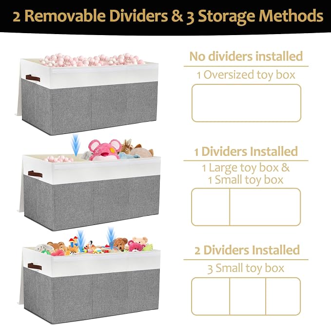 Extra Large Toy Storage Box with Lid,Toy Chest Bin Basket with Dividers | Sturdy Toy Organizer Bin for Kids, Boys, Girls, Nursery, Closet, Bedroom, Playroom 35.5"x17" x17"(Grey and White)