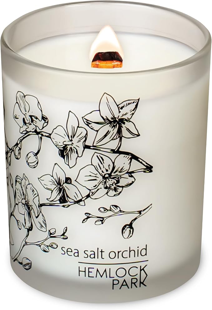 Hemlock Park Sea Salt Orchid Frosted Scented Candle | Crackling Wood Wick, Botanical Fragrance & Coconut Apricot Wax | Up to 50 Hour Burn Time | 7.2 oz | Made in USA