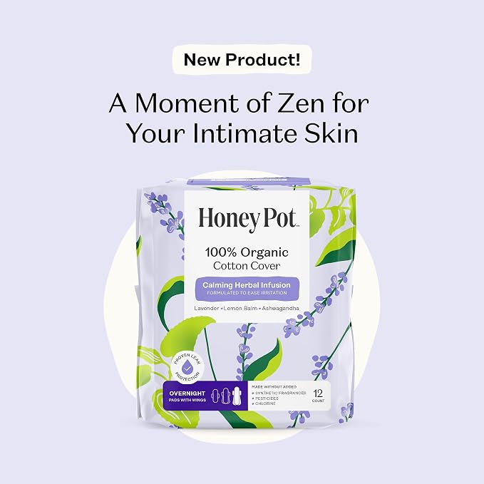Honey Pot Calming Overnight Sanitary Pads for Women - 100% Organic Cotton Top Sheet - Feminine Care - Non Cooling - Calming Herbs of Lavender, Ashwagandha, & Lemon Balm - 48ct