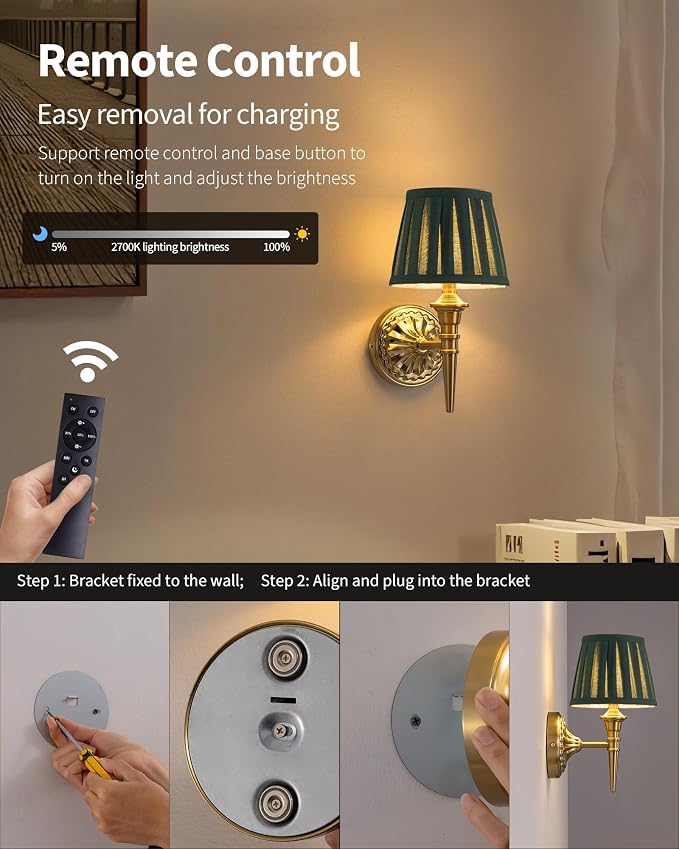 KDG Cordless Gold Wall Sconces Set of 2, Green Fabric Lampshde Wall Lamps | Small LED Wireless Portable Rechargeable Battery Lighting for Wall Painting, Living Room, Bedroom, Hallway, Gifts, Nightlight