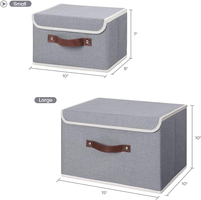 ANMINY Fabric Storage Box Bins with Lids, Gray, 10"x8"x7", 2 Pack | Keepsake Memory Storage, Cotton Linen, PP Board Reinforced, Washable, PU Handles, Foldable & Stackable, Decorative, Small