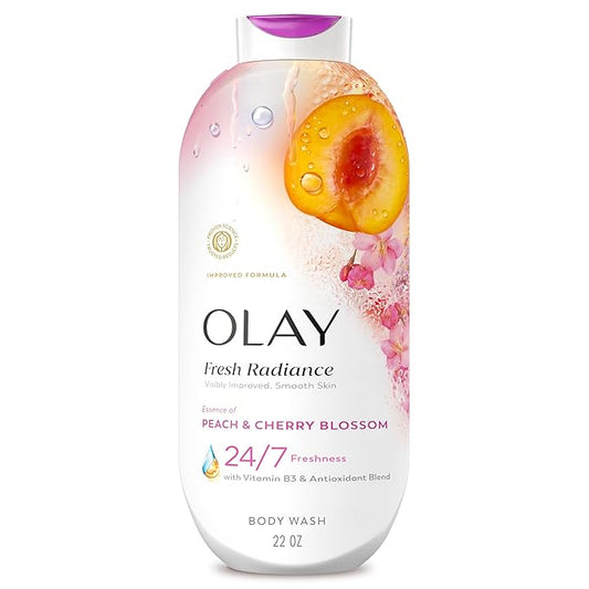 Olay Body Wash for Women, Fresh Radiance, 24/7 Skin-Loving Freshness, Visibly Radiant, Plant Based Cleansers, Vitamin B3 & Antioxidant Blend, For All Skin Types, Peach & Cherry Blossom Scent, 22 fl oz