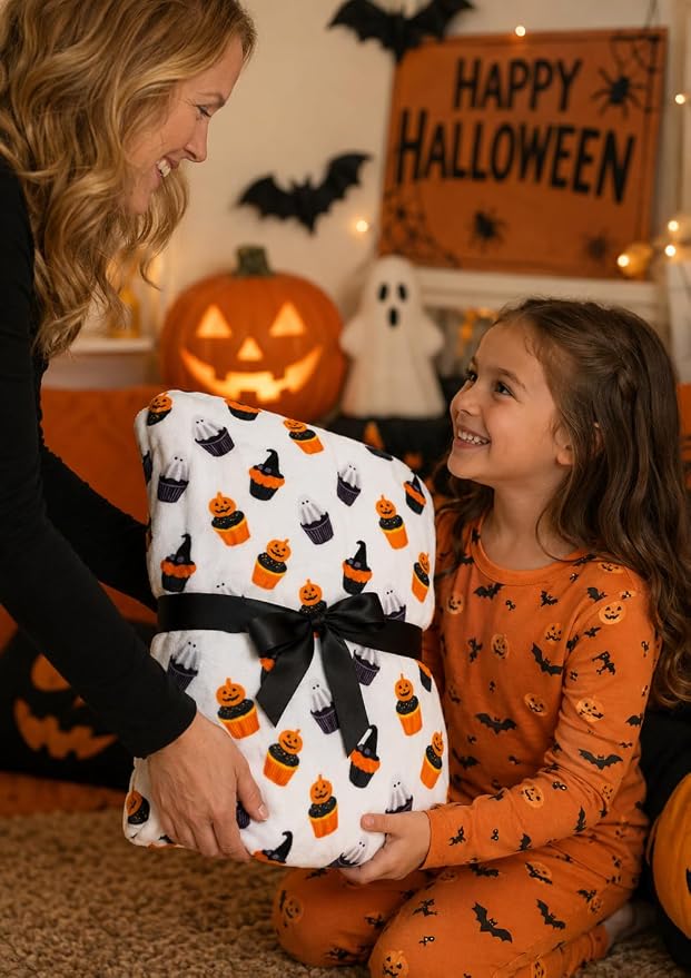 Halloween Ghost Fleece Throw Blanket, Cute Ghosts & Pumpkins, 50x60 | Ultra-soft cozy flannel fleece, for sofa bed couch chair & dorms, spooky Halloween décor, durable and machine washable.