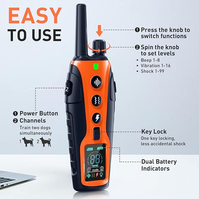 Dog Shock Collar with Flashing Light for Night Walks,4500FT Dog Training Collar Adjustable Pitch Beep(1-8), Vibration(1-16), Safe Shock(1-99), and Keypad Lock, Shock Collar for Dogs
