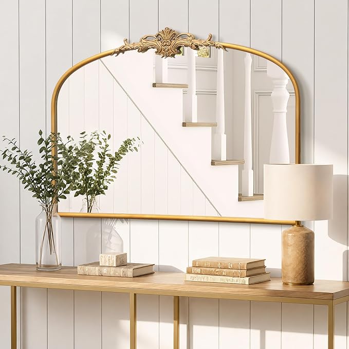 Besdomus Antique Gold Wall Mirror: 32"x24" French Ornate Decorative Mirrors | Vintage Baroque Ornate Arch Metal Framed for Mantel/Hallway/Bathroom Vanity/Bedroom - Ideal Gifts for Wedding/Birthday
