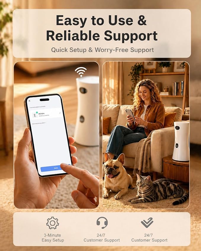 Pet Camera Treat Dispenser, 360° Pet Dog Security Cameras with Phone App, WiFi 5G/2.4G, Two Way Audio, Night Vision, Remote Treat Tossing, Motion Alert for Home Indoor Pet Cat Puppy Monitoring