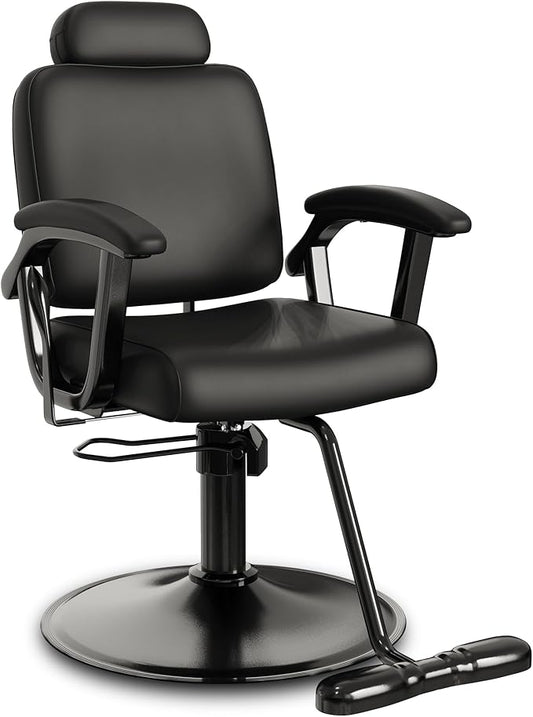 Baasha Premium Black Reclining Salon Chair with Removable Headrest, All-Purpose Hydraulic Barber Chair, Soft PU Leather, 360° Swivel, 135° Recline, Heavy-Duty Steel Frame, 330 lbs Capacity