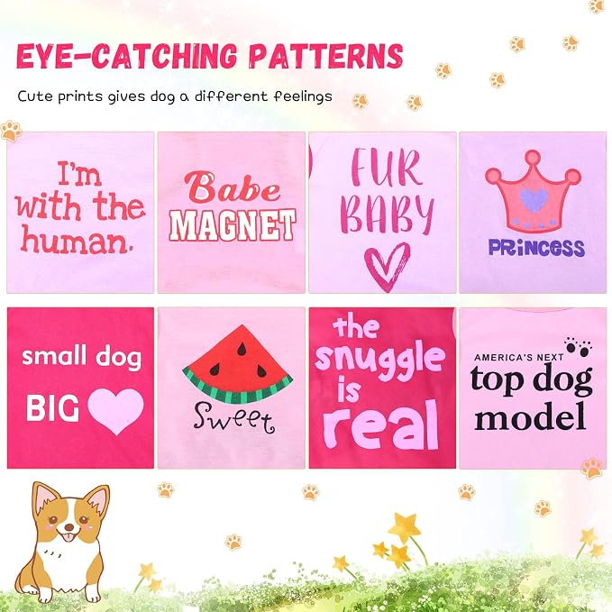 Reginary 8 Pieces Dog Shirts Girl Small Dog Clothes for Chihuahuas Yorkies Female Puppy Shirts Printed Pet Outfit Cute Breathable Soft Valentine's Day Doggie Cat Lovers Gift(Cute Pattern,Size M)