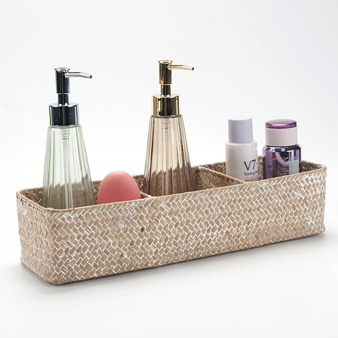 Seagrass Storage Basket 3 Sections Woven Shelf Baskets with Compartment (Whitewash, 14.6inch x 4.7inch x 3.1inch)