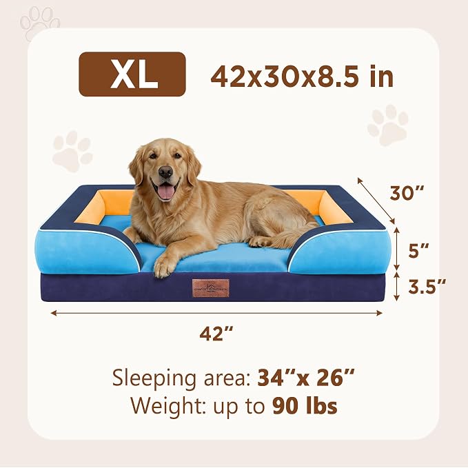 Comfort Expression Orthopedic Dog Bed for Extra Large Dogs with Bolster | Waterproof Dog Couch Bed with Washable Cover & Non-Slip Bottom, Supportive Egg Crate Foam XL Pet Bed, 42x30 Inch