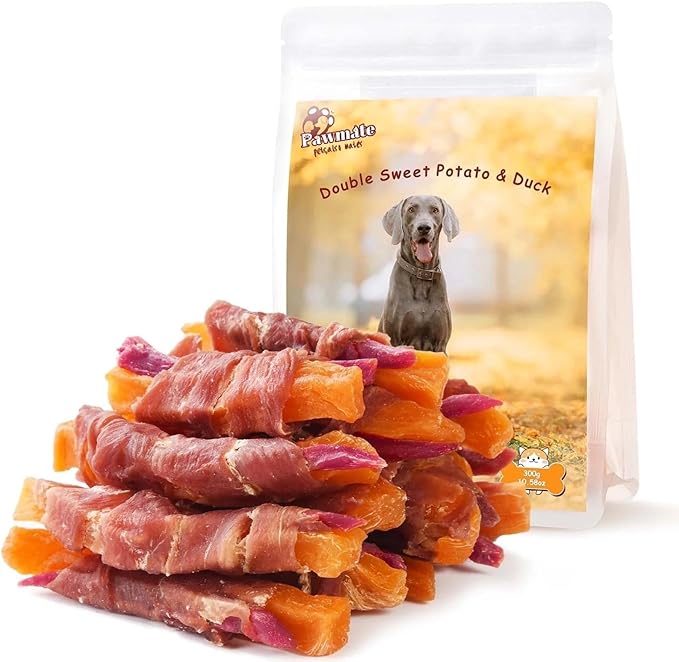 Pawmate Dog Treats Duck Jerky Wrapped Double Purple Sweet Potato 10.6oz | High Protein Dog Training Treats, Healthy Low Fat Duck Jerky Chews, Chewy Snacks for Small Medium Large Dogs 12-15 Counts