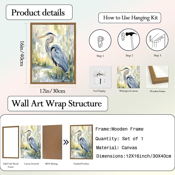 Framed Blue Heron Wall Art, Watercolor Sea Bird Pictures Wall Decor, Coastal Nature Wildlife Animal Paintings Canvas Prints for Living Room Bedroom Bathroom Office Home Decor 12x16 inch
