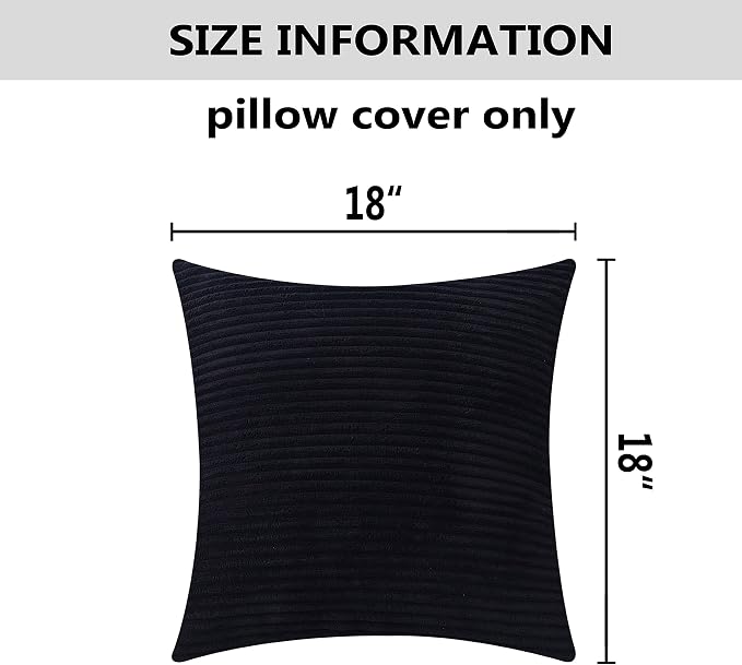 Home Brilliant Black Pillow Cover 18x18 Striped Corduroy Velvet Square Cushion Cover for Couch Super Soft Throw Pillow for Living Room Sofa Bench, Black, 18 inch, 45 x 45 cm