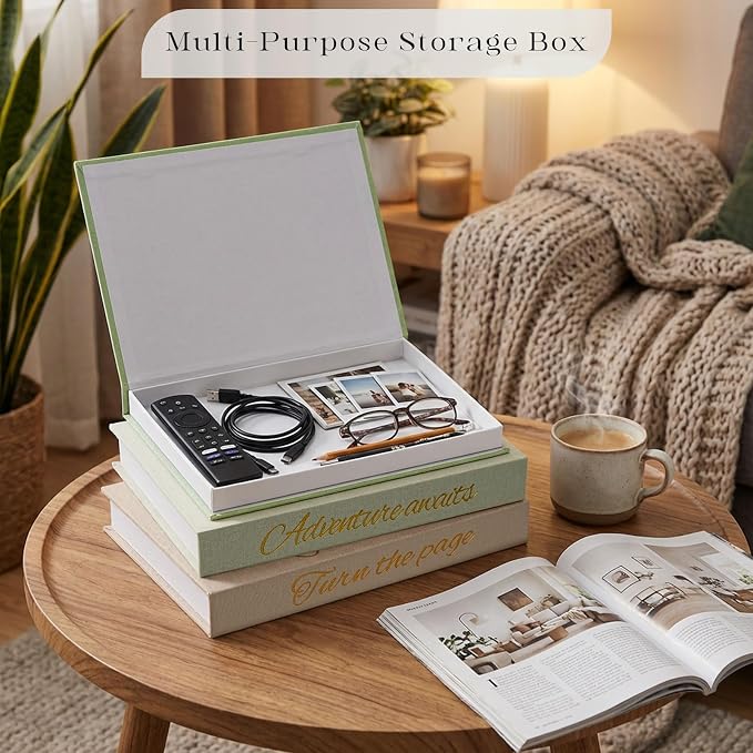 Decorative Book Storage Box Set of 3, Linen Faux Books for Coffee Table, Stylish Decorative Books for Bookshelf, Photo Organization, Keepsake Storage, Home Decor, Grass Green