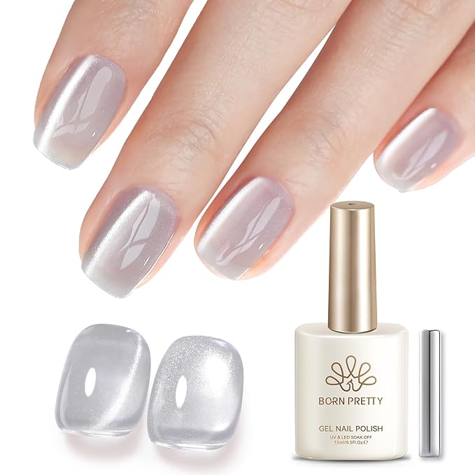 Born Pretty Silver Cat Magnetic Eye Gel Nail Polish 15ML,Jelly Glass Silver Crystal Glitter Shimmer Translucent Magnetic Gel Polish with Magnet,Soak Off U V Gels for Women Girl