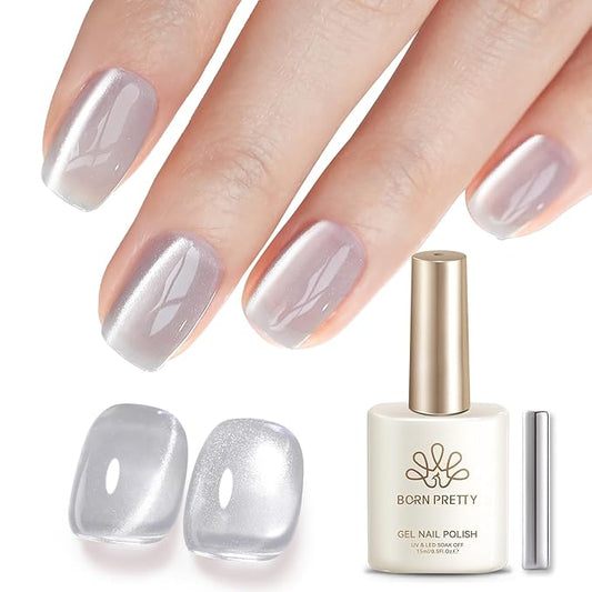 Born Pretty Silver Cat Magnetic Eye Gel Nail Polish 15ML,Jelly Glass Silver Crystal Glitter Shimmer Translucent Magnetic Gel Polish with Magnet,Soak Off U V Gels for Women Girl